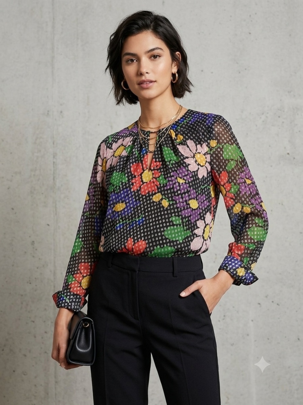 Dodo Bar Or Floral Polka Dot Long-Sleeve Blouse - Black/Multi (129)